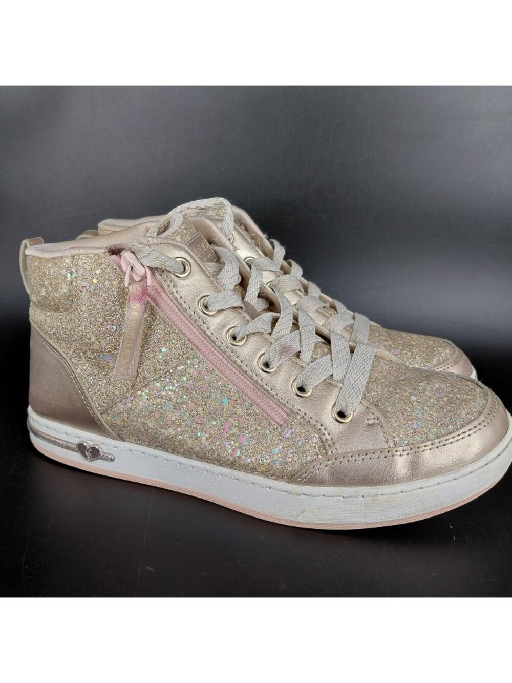Skechers Shoes Girls Size 5 Gold Glitter High Top Sneaker Zip Heart Logo Bling